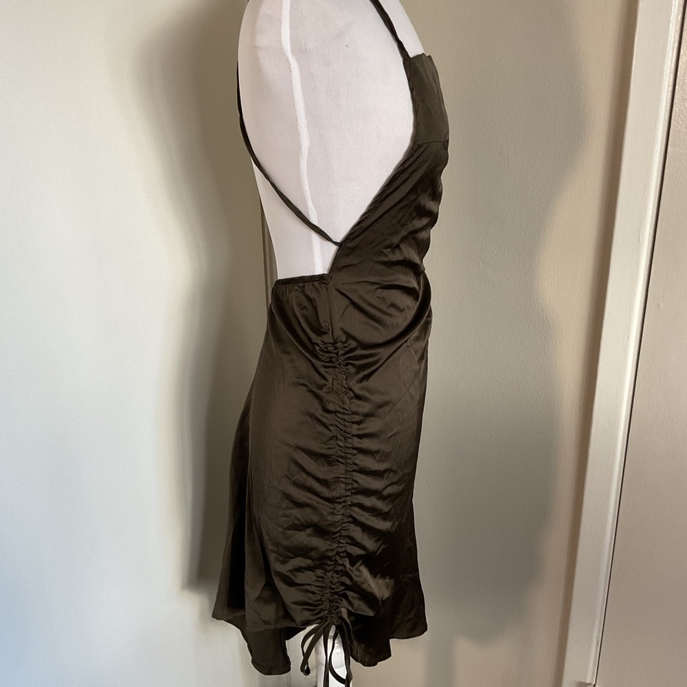 CBR Brown Satin Halter Backless Dress Side Tie Asymmetrical Medium - Picture 7 of 7